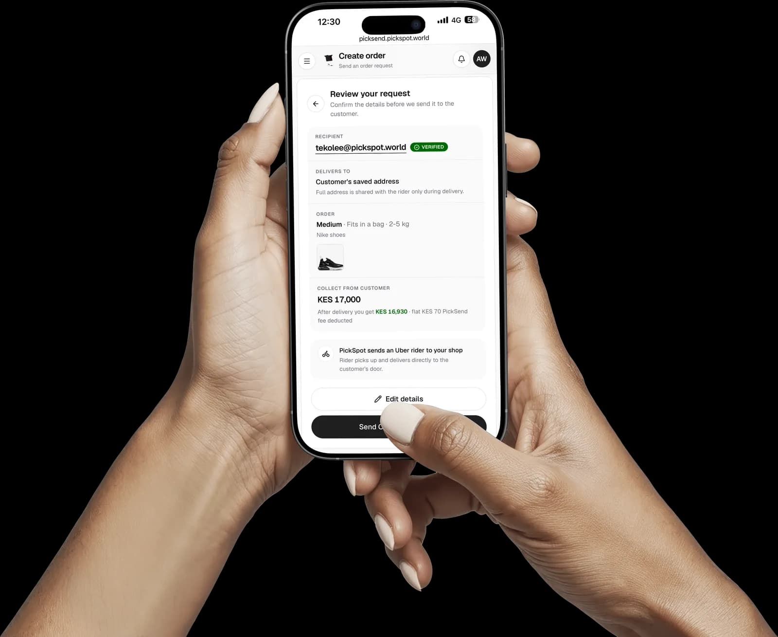 Reviewing an order in PickSend — verified PickSpot recipient, order details, collect KES 17,000 and receive KES 16,930 after the flat KES 70 fee