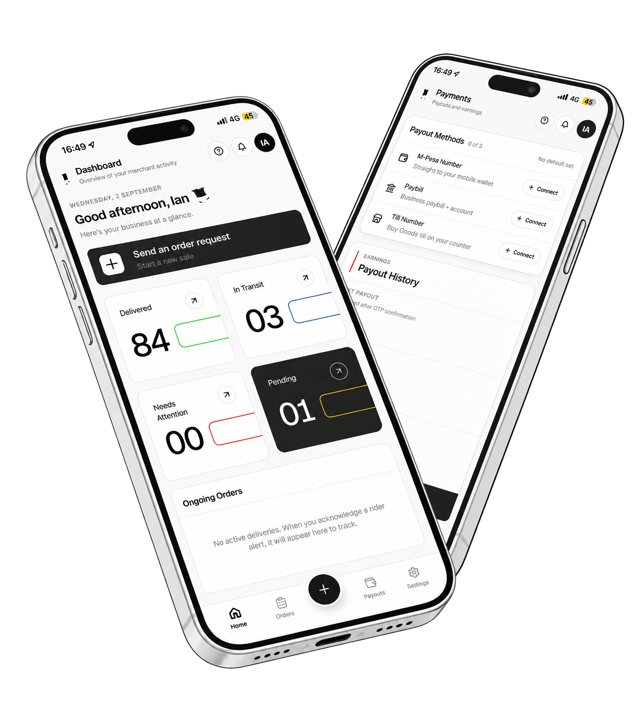 The Pickspot Business app shown on two phones: creating an order request, and the payout history screen.