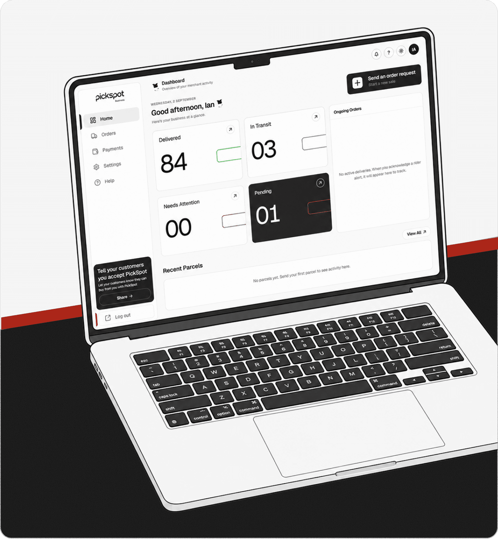 The Pickspot Business dashboard open on a laptop.