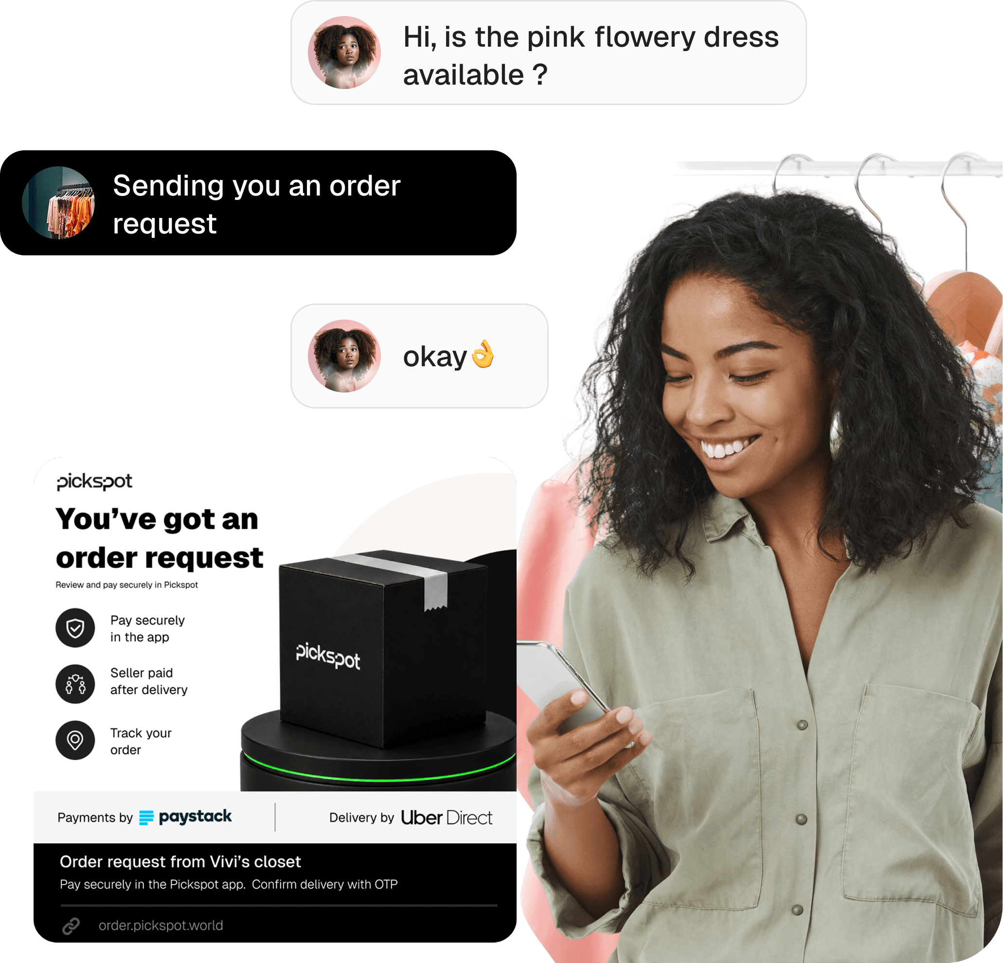A customer asking about a dress in chat, the order request sent back to them, and the shopper paying on her phone.