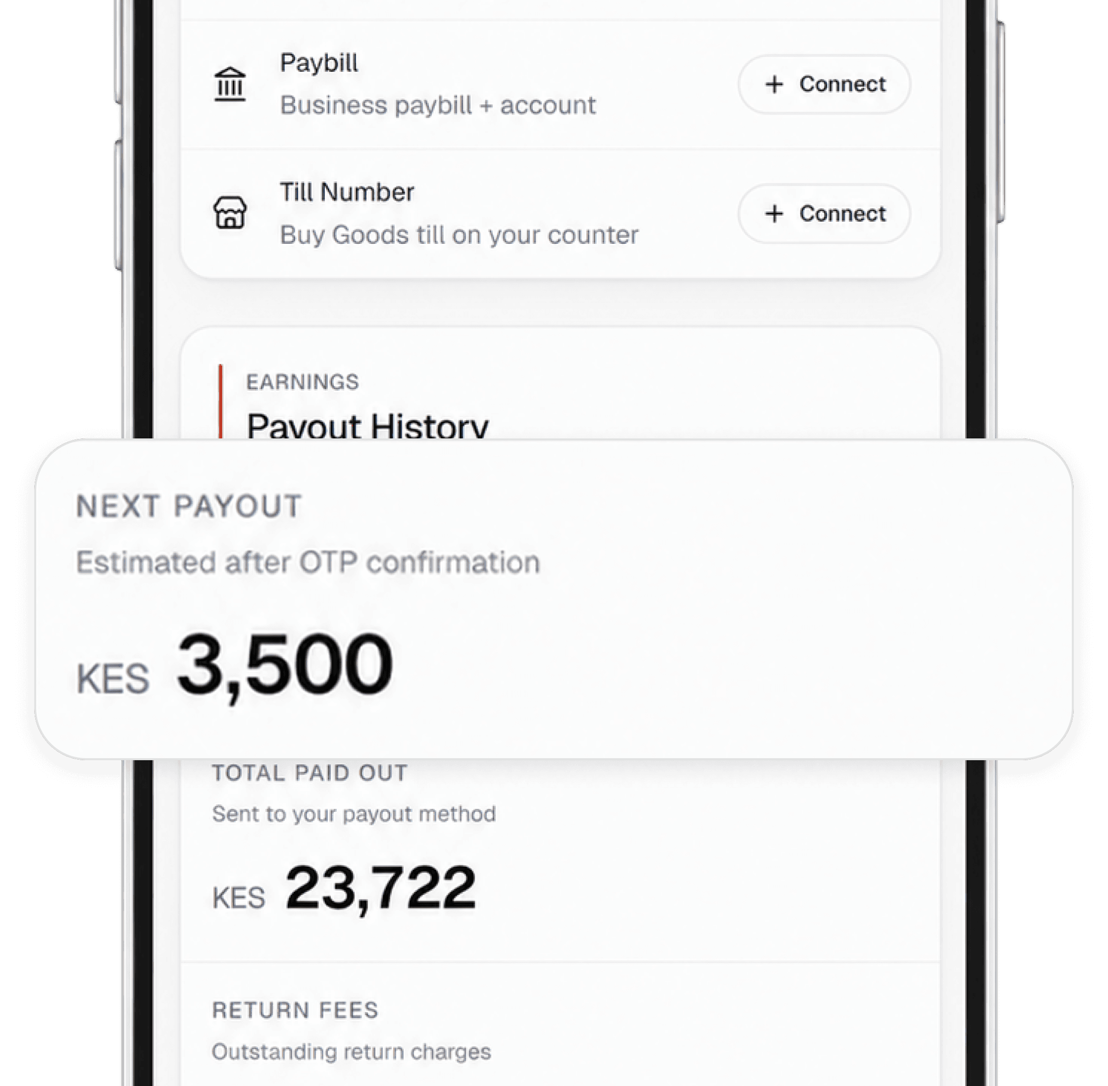 Payout settings showing a connected business payout account and till number, alongside a payout history card.